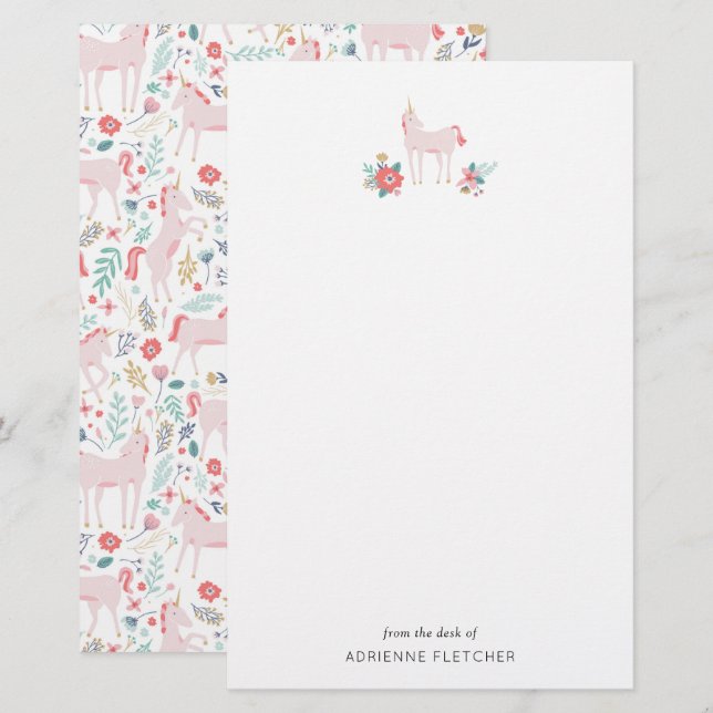 Papelería Stationery Personalizado de unicornio rosa (Anverso / Reverso)