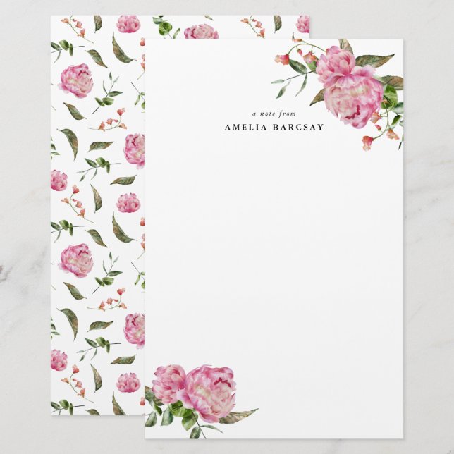 Papelería Stationery Personalizado floral de Peony Rosa (Anverso / Reverso)