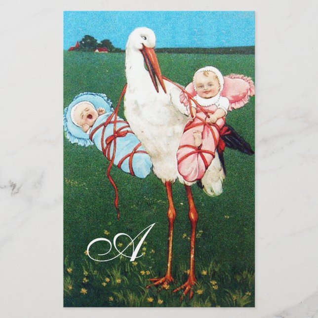 PAPELERÍA STORK TWIN BABY SHOWER MONOGRAM (Anverso)