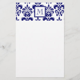 Papelería Su Monograma, Patrón 2 de Damasco Azul de la Mari