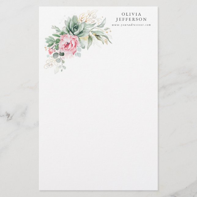 Papelería Suculentos y flores rosas elegantes botánicas (Anverso)