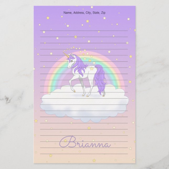 Papelería Sueños dulces morados de Bonito con unicornio arco (Anverso)