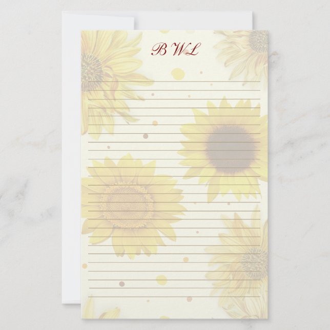 Papelería Sunflowers Lined Monogram Writing Paper (Anverso)