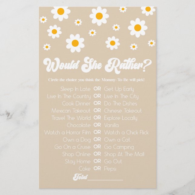 Papelería Tan Retro Daisy Prefiere Un Juego De Baby Shower (Anverso)