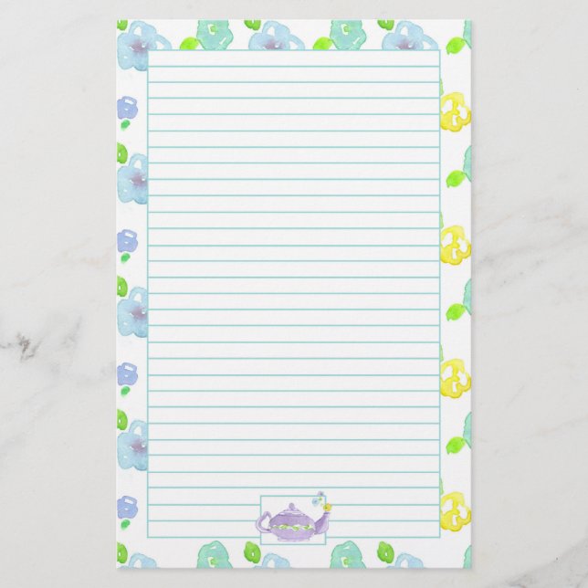 Papelería Tetera de acuarela morada rayada (Anverso)