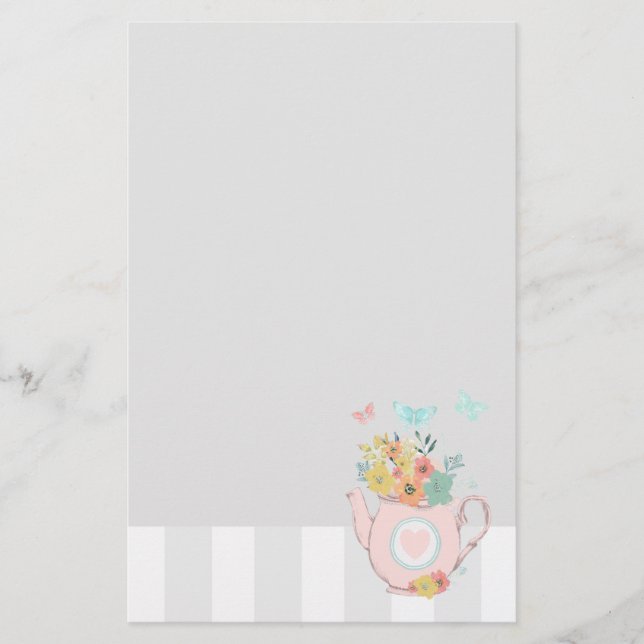 Papelería Tetera rosa con flores y mariposas (Anverso)