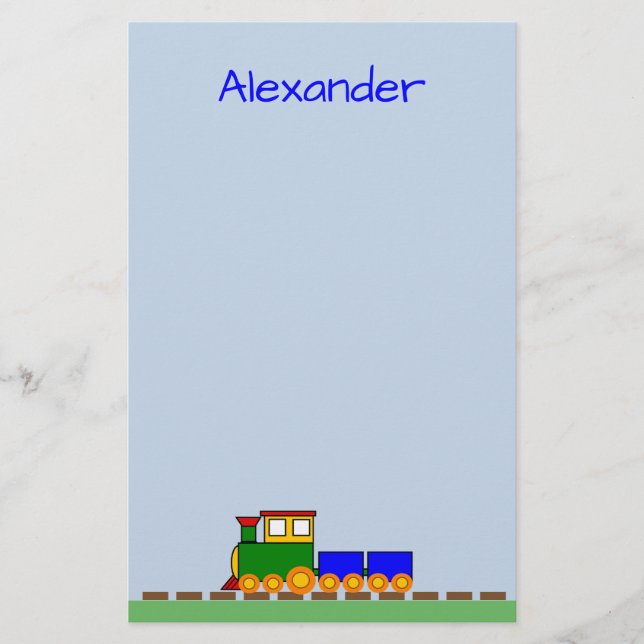 Papelería Tren lindo con nombre de niño estacionería azul (Anverso)