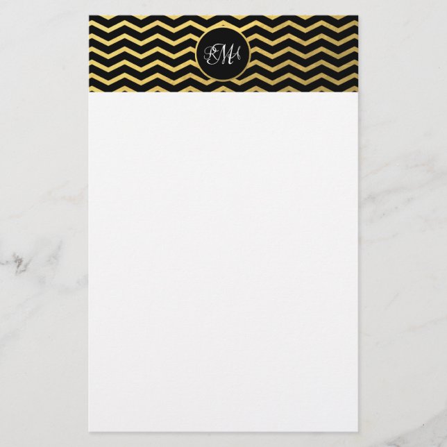 Papelería Triple monogramo de patrón Chevron negro y dorado (Anverso)