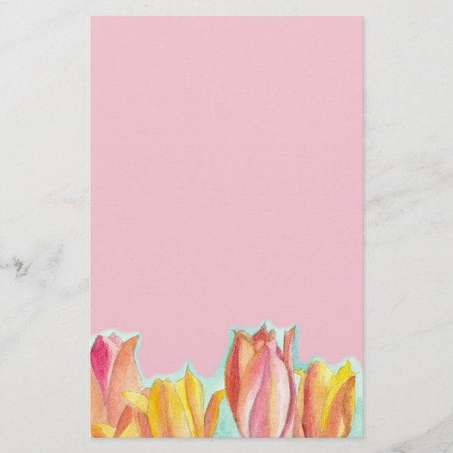 Papelería Tulip Pink Stationery Paper Watercolor Flor Art (Anverso)
