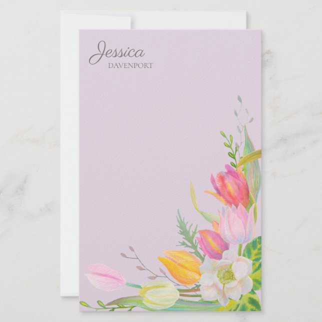 Papelería Tulipanes acuarela rosa amarillo Flores de primave (Anverso)