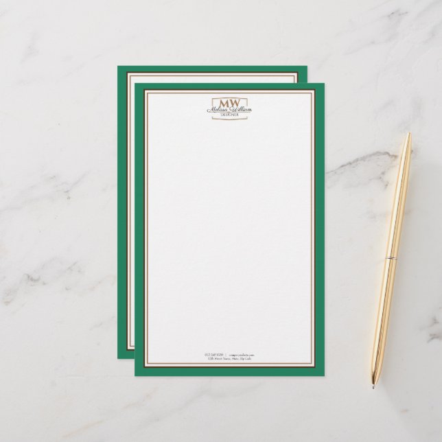 Papelería Un Monograma Verde Simple (Anverso/Reverso In Situ)