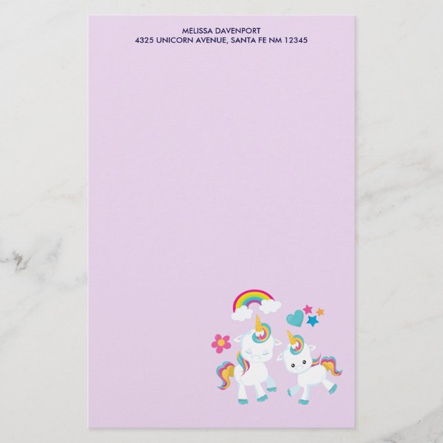 Papelería Unicornios Mágicos Bailando Arcoíris y Estrellas (Anverso)