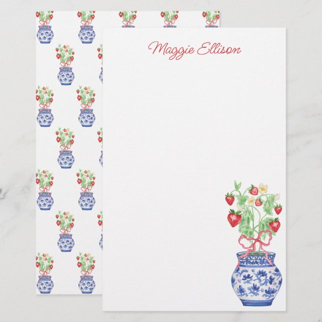 Papelería Vase Watercolor Chinoiserie Vase de las fresas roj (Anverso / Reverso)