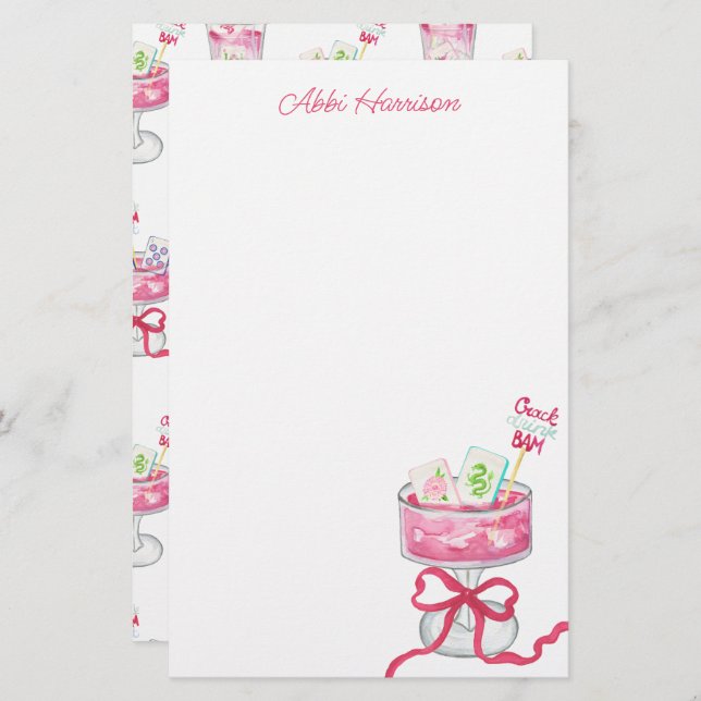 Papelería Watercolor Hot Pink Mahjong Cocktails (Anverso / Reverso)