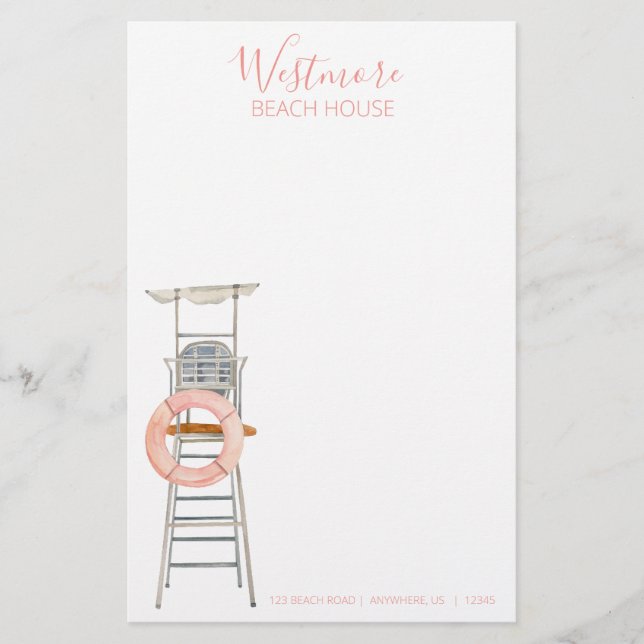 Papelería Watercolor Lifeguard Stand Chair Beach House (Anverso)