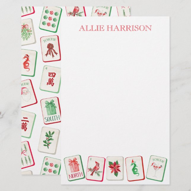 Papelería Watercolor Mahjong Red & Green Christmas Tiles (Anverso / Reverso)