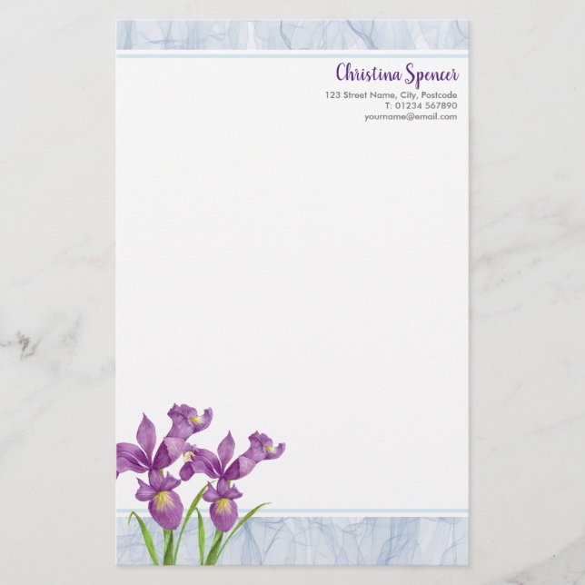 Papelería Watercolor Púrpura Iris Botánico Orgánza Floral (Anverso)