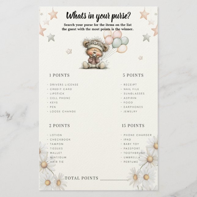 Papelería Whats in your purse? Whimsical Teddy Bear Game (Anverso)