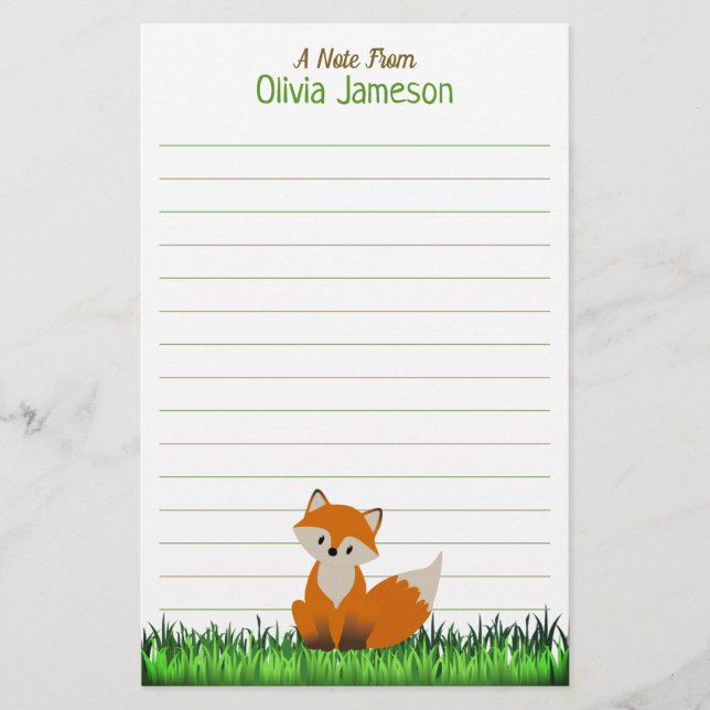 Papelería Whimsical Kid's Name FOX Lined Stationery (Anverso)