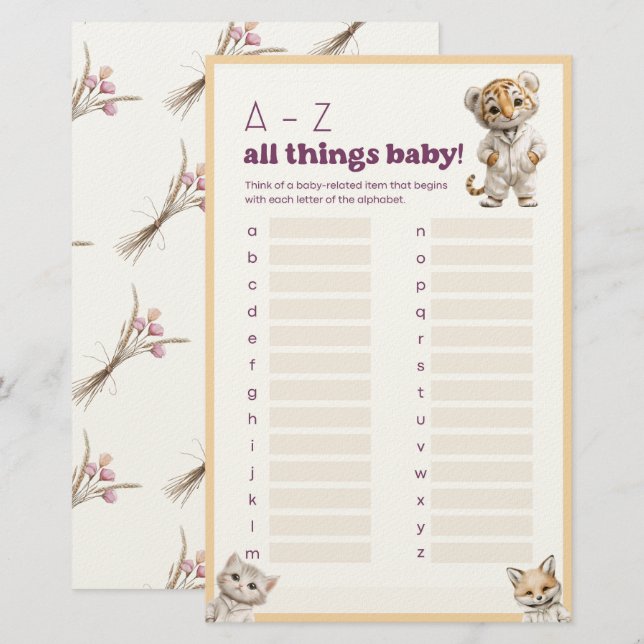 Papelería Whimsical Pajama Animals: All Things Baby Game  (Anverso / Reverso)