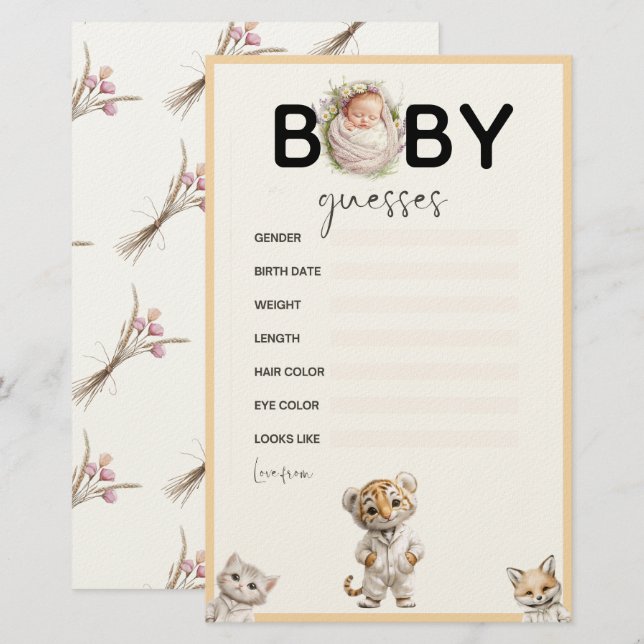 Papelería Whimsical Pajama Animals: Baby Guesses Game (Anverso / Reverso)