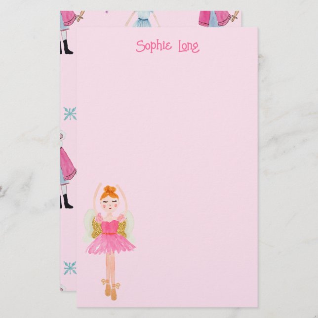 Papelería Whimsical Pink Watercolor Nutcracker Ballerina (Anverso / Reverso)