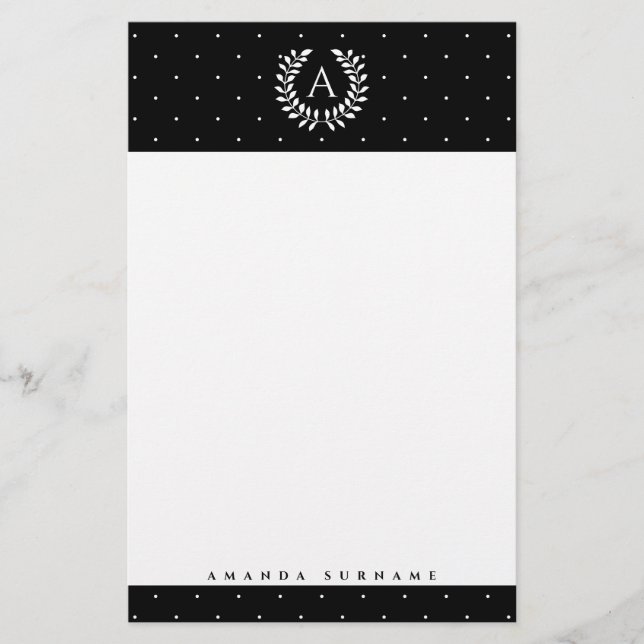 Papelería White On Black Laurel Monogram Polka Dot Pattern (Anverso)