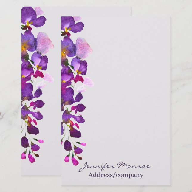 Papelería Wisteria personalizada morada (Anverso / Reverso)