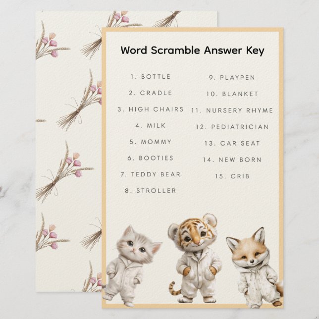 Papelería Word Scramble Answer Key Whimsical Pajama Animals (Anverso / Reverso)