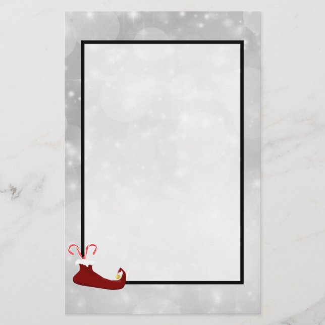 Papelería Zapato de elfo rojo sobre fondo de bokeh plateado (Anverso)
