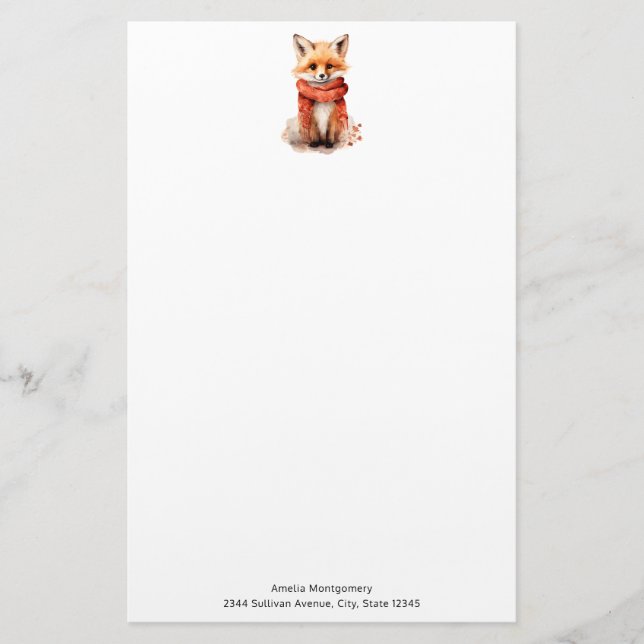 Papelería Zorro Adorable Cachorro con una Bufanda Roja (Anverso)