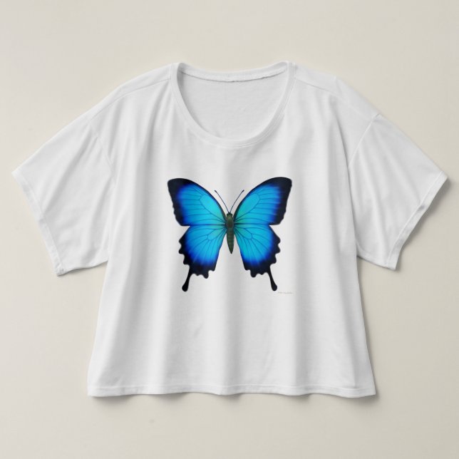 Papilio Ulysses Mariposa Señoras Camisa de Cultivo (Diseño del anverso)