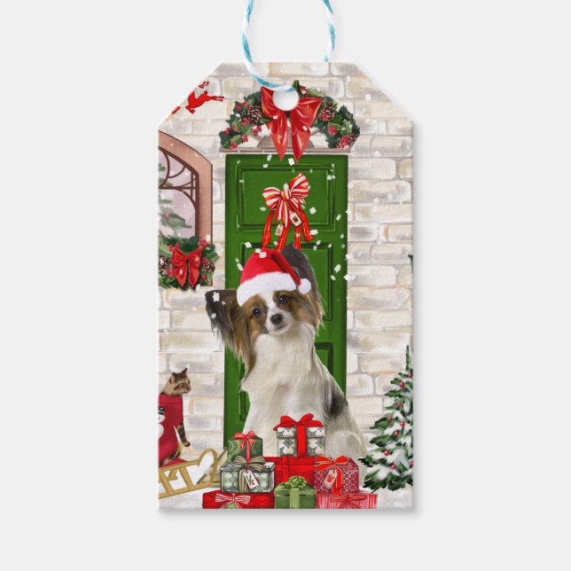Papillon Dog Navidades etiqueta de regalo (Anverso)