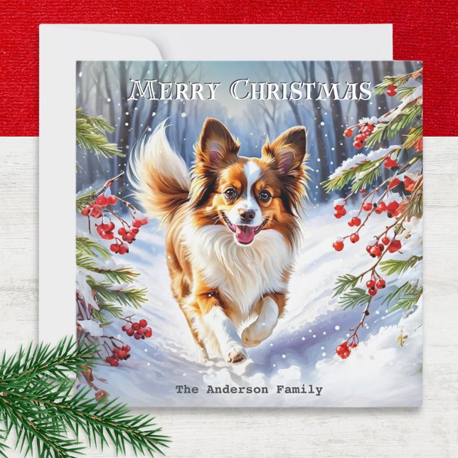 Papillon en nieve raza de perro linda Navidad invi (A personalized Christmas card with picture of a Papillon dog in the snow, in a watercolor style)