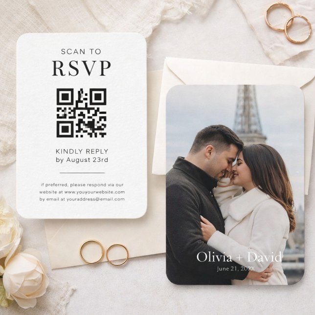 Paquete de 100 Tarjetas de Sitio Web de Boda con C (Elegant RSVP QR code card with matching couple photo wedding insert)