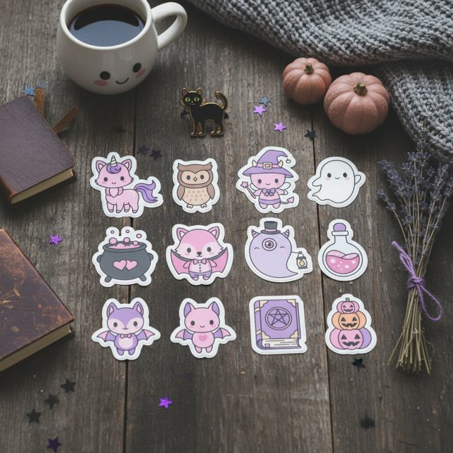 Paquete Pegatina de Halloween rosa y morado de Kaw (Adorable Kawaii Halloween Sticker Pack)