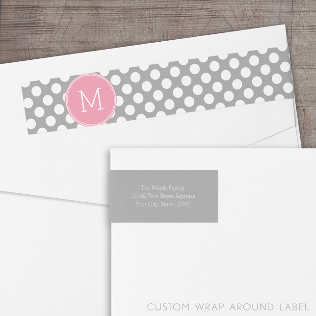 Paquetes de polka rosa y gris pastel con monograma (Custom Return Address Label with Wrap Around Feature)