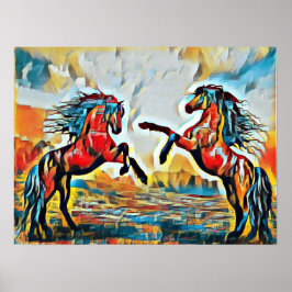 Par de caballos en el Poster de estilo de arte cal