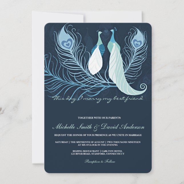 Par de pavo real Aves de amor Invitación a la Boda (Anverso)