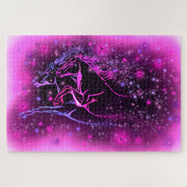 Par Neon Blue Pink Caballos Corriendo Rompecabezas (Horizontal)