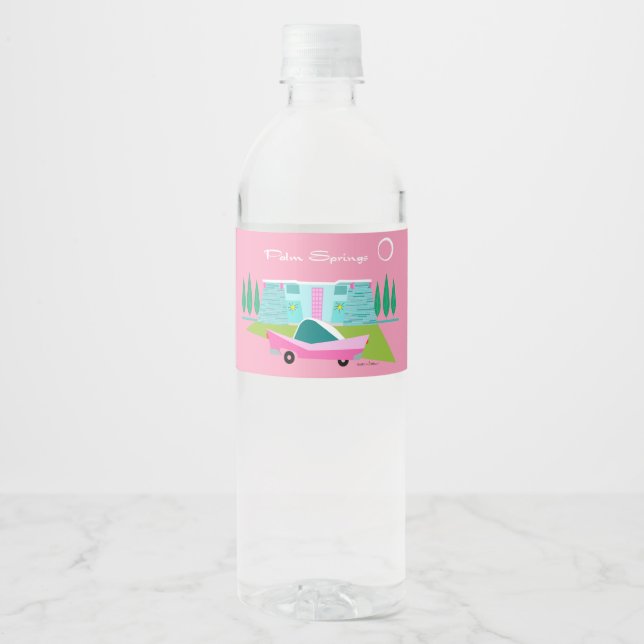 Para Botella De Agua Etiqueta Retro Pink Palm Springs Comida & Bebidas  (Anverso)
