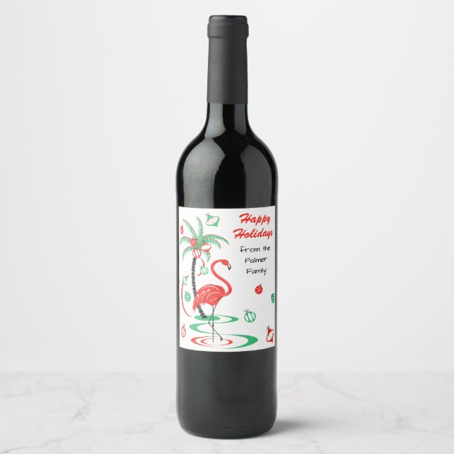 Para Botella De Vino Navidades rojos Flamingo Holidays Textos etiqueta  (Anverso)