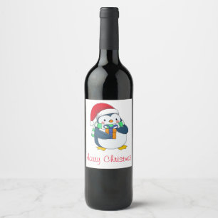 Para Botella De Vino Pingüino cutáneo en Navidades Gorra con etiqueta d