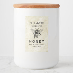 Para Comida Etiqueta de miel con abeja melífera y fondo vintag