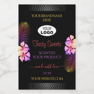 Para Comida Etiqueta de producto negra con logotipo de flores 