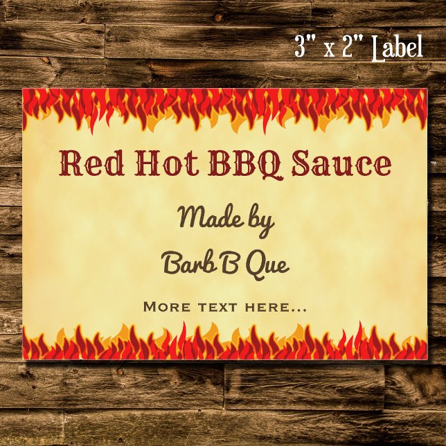 Para Comida Etiqueta de Salsa Barbacoa Retro Editable Llamas R (BBQ Red Flames Editable 3 x 2 Label)