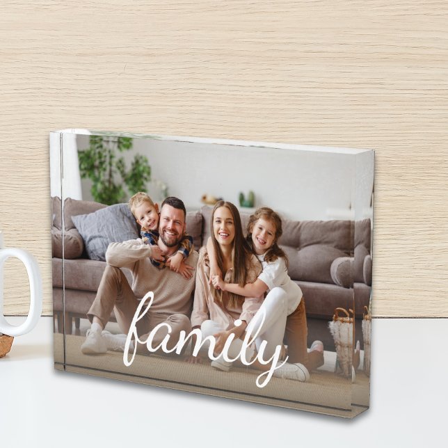 Para Fotos Bloque fotográfico de escritura blanca Personaliza (Family Custom Photo White Script Photo Block)