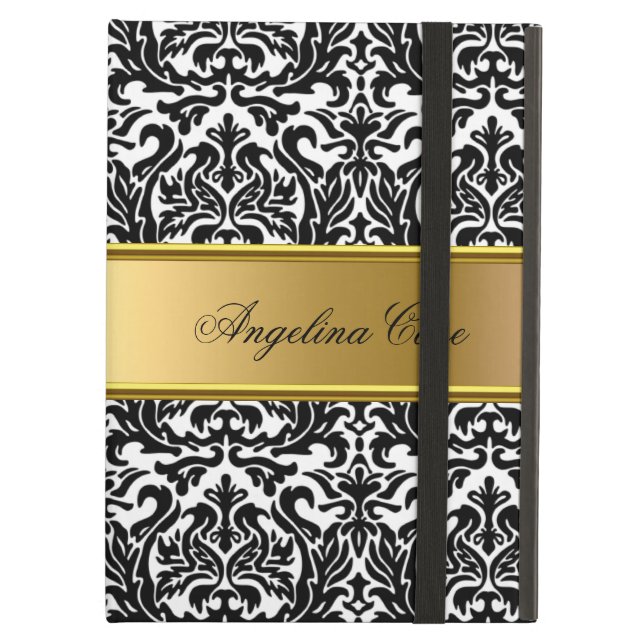 Para iPad Air Elegante Funda blanco negro Damask Gold añadir nom (Anverso)
