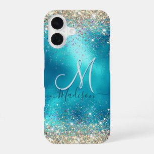 Para iPhone 16 Cute funda con monograma de purpurina falsa de oro