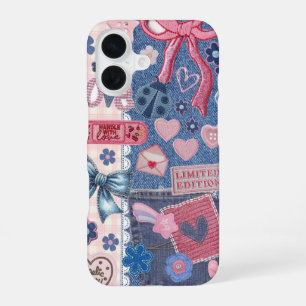 Para iPhone 16 Funda azul de mezclilla con collage vintage Y2K y